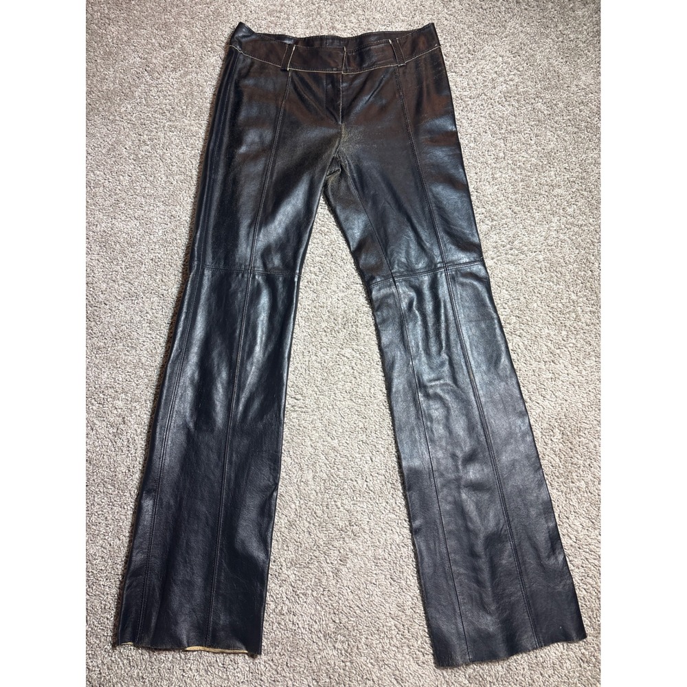 Express Vintage Black Genuine Leather Flare Leg Pants Seam Detail Womens 3/4